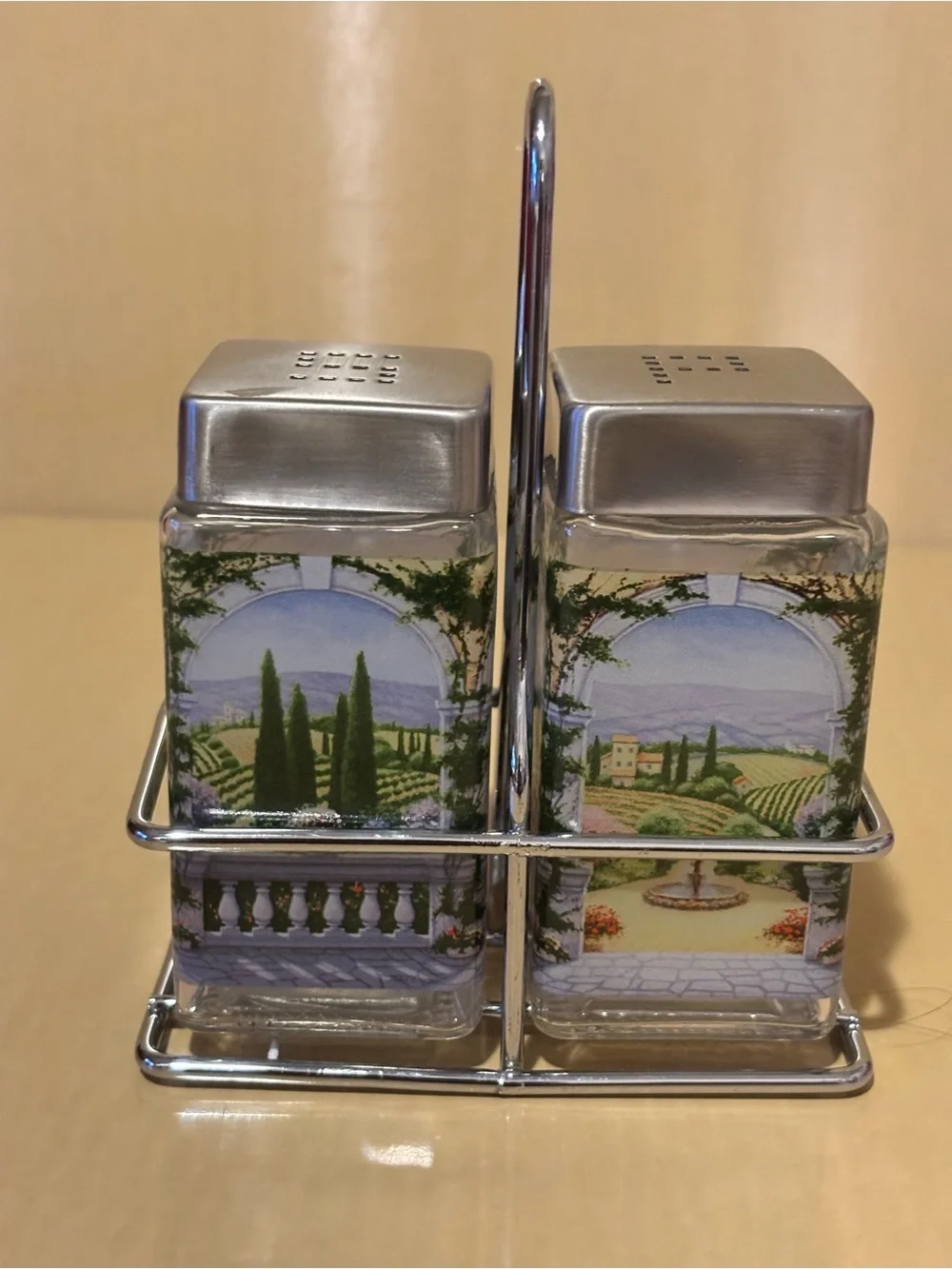 Italian Scene Glass Salt and Pepper Set with Caddy